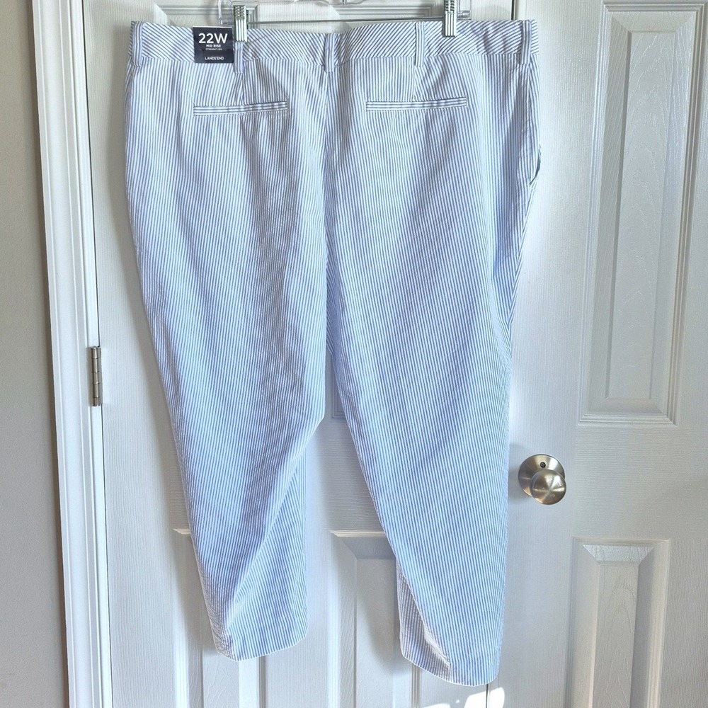 Lands End seersucker blue white stripe mid rise straight cropped pants women 22W - Picture 8 of 16